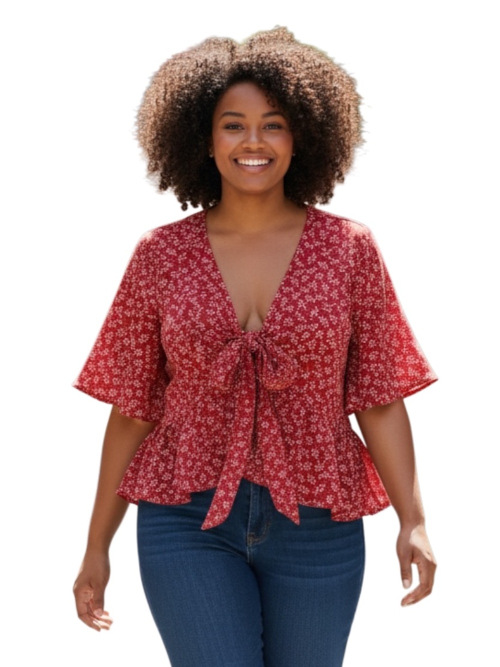 SHEIN Red Floral Tie-Front Peplum Blouse